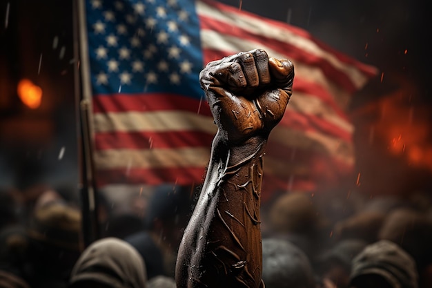 black fist raised in the front of the American flag