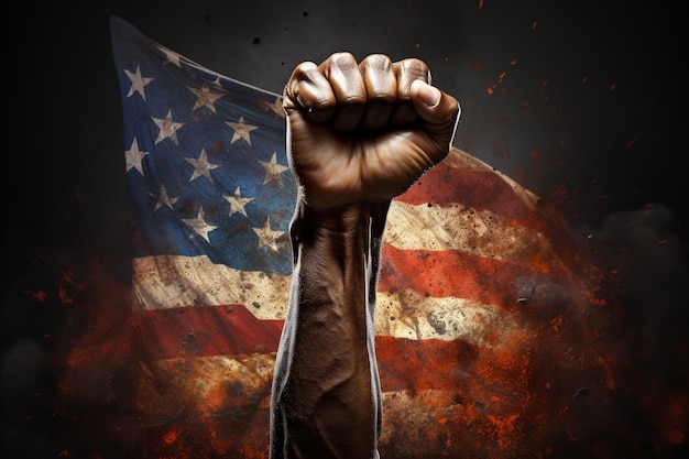 black fist raised in the front of the American flag