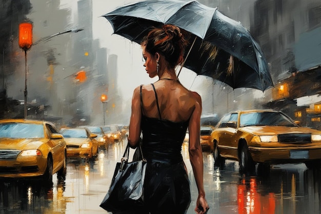 Black fit woman walking with coloured umbrella in New York city avenue under the rain