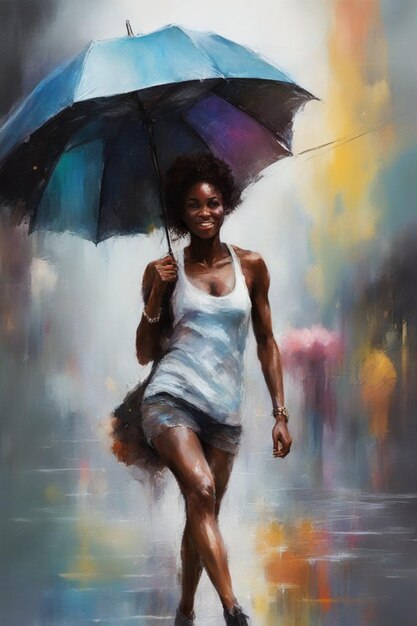 Black fit woman walking with coloured umbrella in New York city avenue under the rain