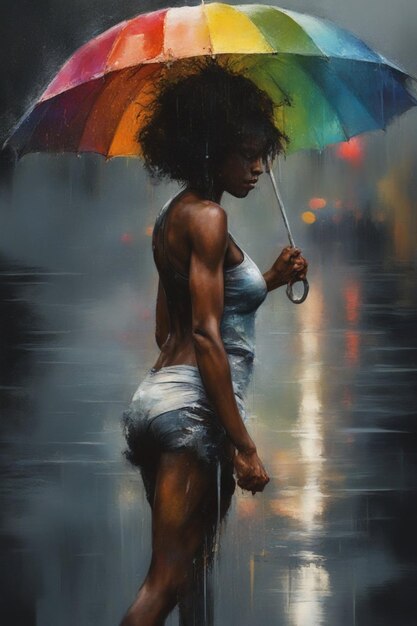 Black fit woman walking with coloured umbrella in New York city avenue under the rain