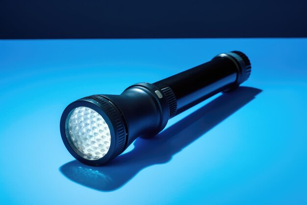 A black flashlight on a blue background