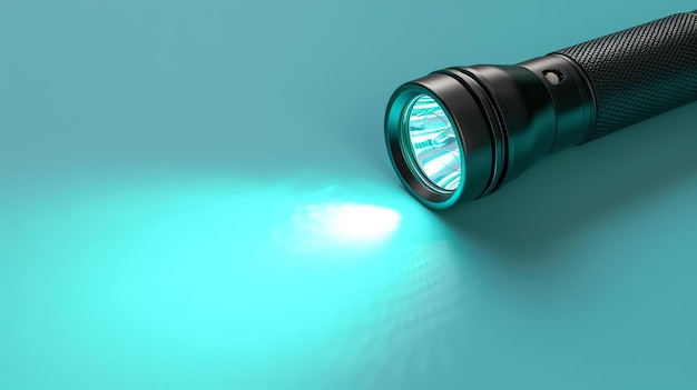 Foto lanterna nera distesa sulla superficie blu e splende un raggio luminoso di luce