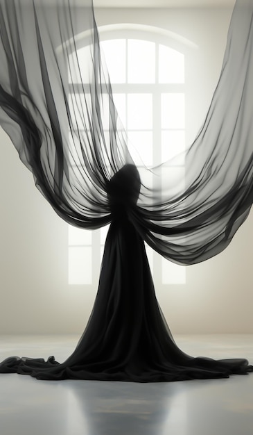 Black floating silk curtain AI generated