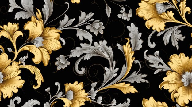 Photo a black floral ornament in a retro style showcase intricate flower and curl motifs evoking a sense of vintage charm and sophistication seamless pattern seamless wallpaper