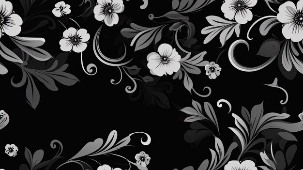 a black floral ornament in a retro style Showcase intricate flower and curl motifs evoking a sense of vintage charm and sophistication SEAMLESS PATTERN SEAMLESS WALLPAPER
