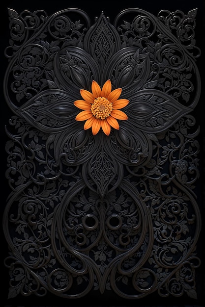 Photo black floral ornament with an orange flower in the centre on a black background