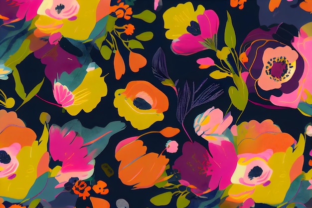 A black floral pattern with bright colors and a pink background.