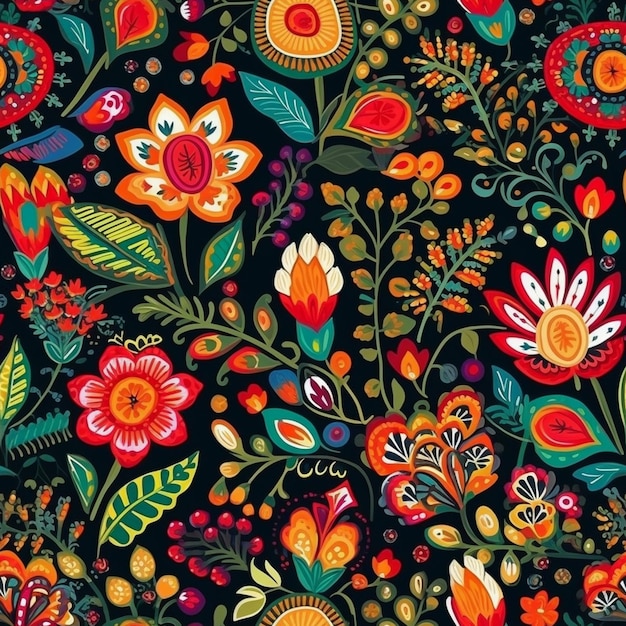 A black floral pattern with a colorful flower and leaves.