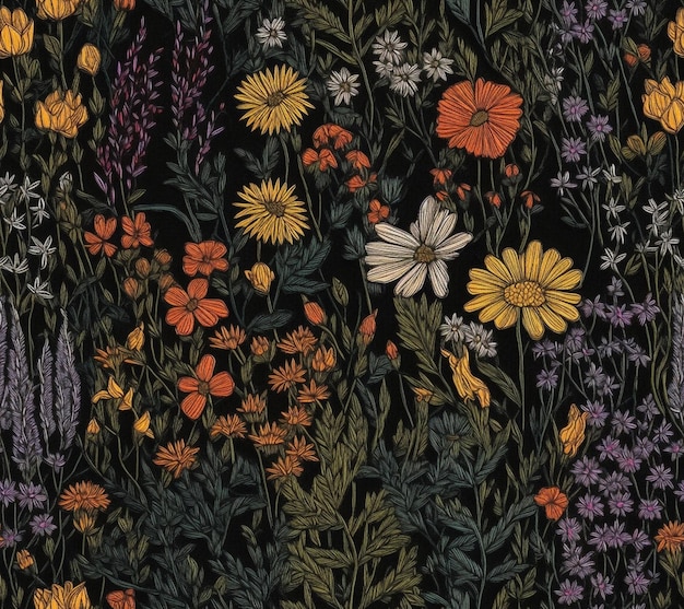 A black floral pattern with a field of flowers on a black background.