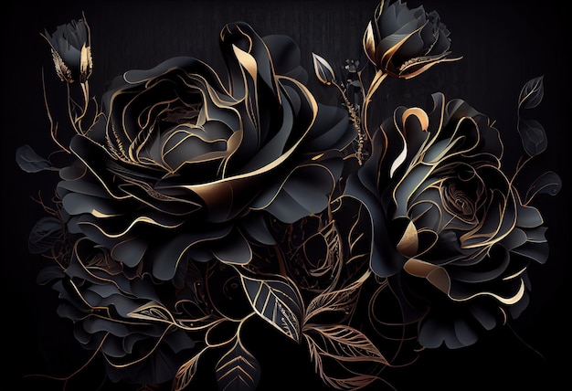 Black floral wallpaper of black roses Generative AI