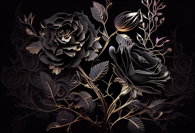 Black floral wallpaper of black roses Generative AI