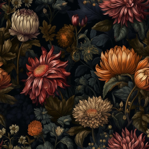 A black floral wallpaper with a lot of flowers.