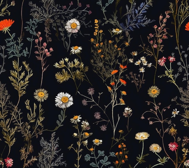 A black floral wallpaper with a variety of flowers.