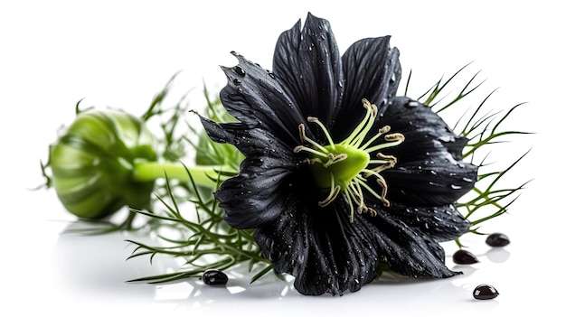 A black flower with a green leaf on it