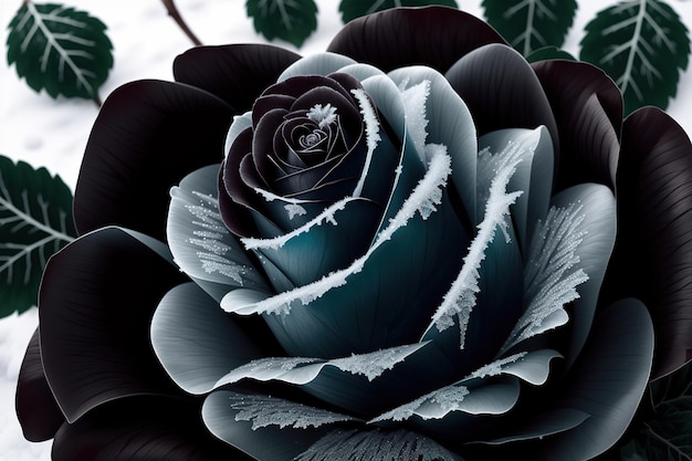 A black flower with a leaf on it