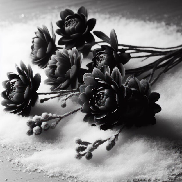 Black flowers lying on the snow