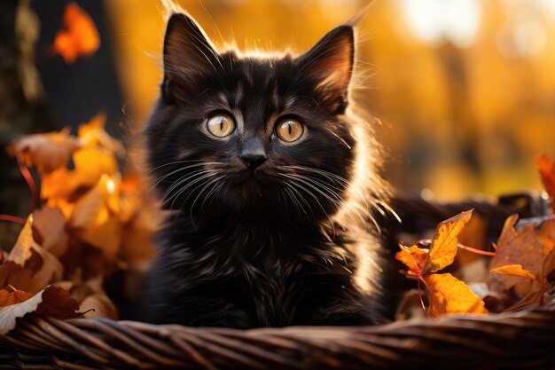 Foto un gatto nero peloso si siede tra le foglie autunnali cadute. halloween, mid-autumn festival. ai generativa