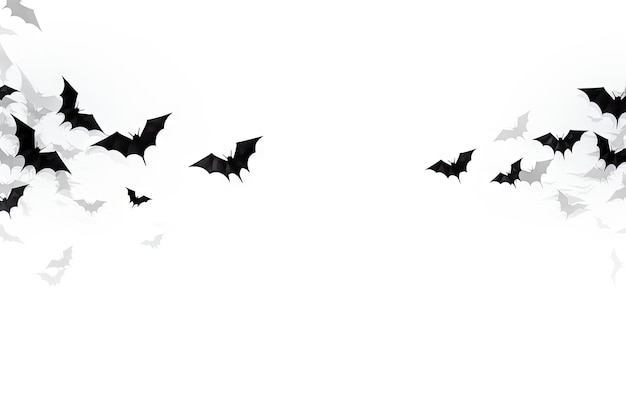 Black flying bats and spiders on a white background create a scary Halloween decoration