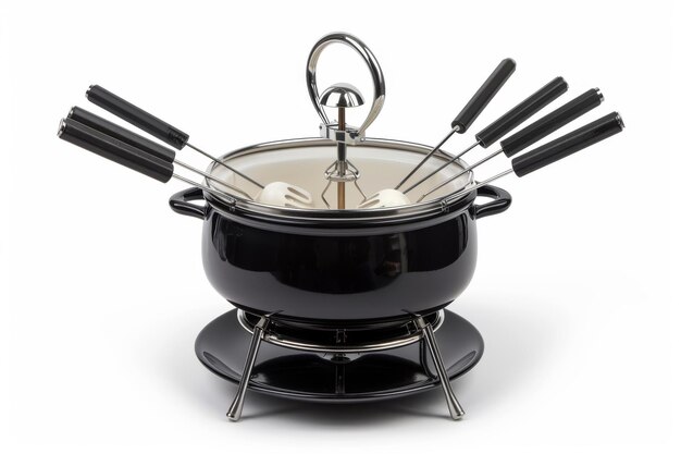 Foto potte di fondue nero con utensili