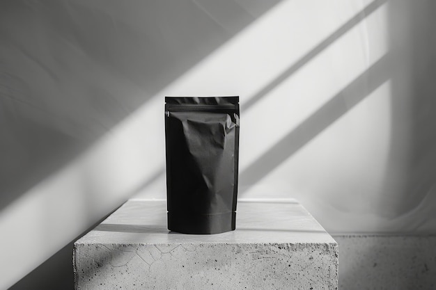 A black food or cosmetic product blank packaging mockup on an industrial concrete background