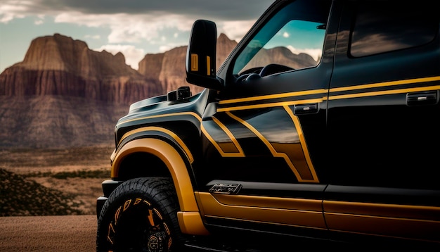 山を背景にした黒いフォード f 150 トラック