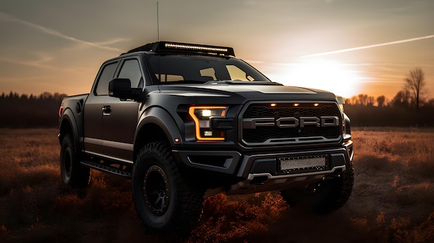 A black ford truck with the word ford on the front.