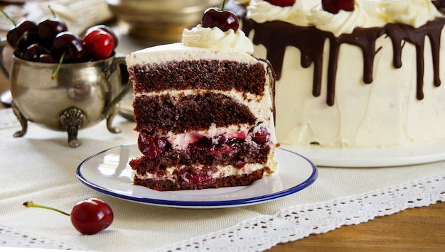 Black forest cake, Schwarzwalder Kirschtorte, dark chocolate and cherry dessert