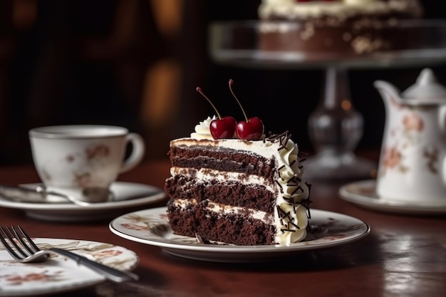 Black Forest cake slice on a plate in a cafe Generative AI