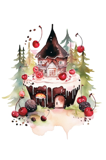 Black forest cake watercolor clipart cute isolated on white background with Generative AI