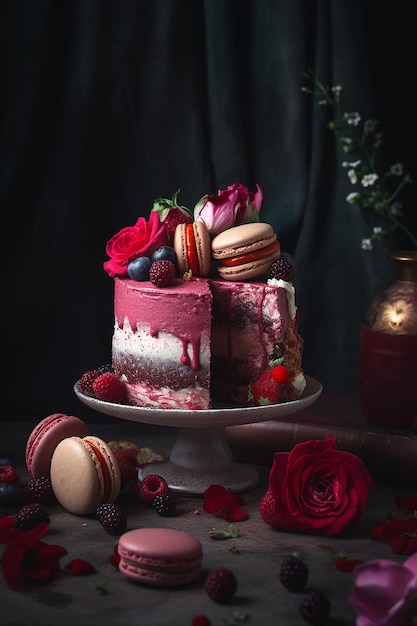 Black forest cake with flowers berries and macaroons on top wedding cake dessert