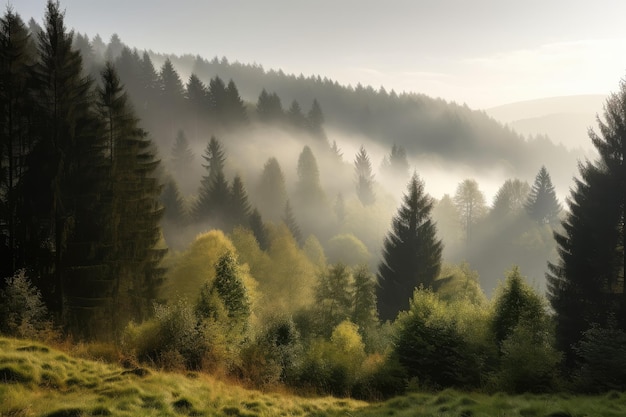 生成 AI で作成された、そびえ立つ木々と空気中に霧がある黒い森の風景