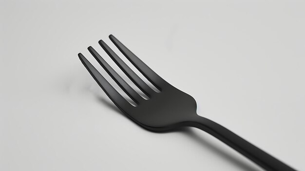 Photo black fork on white background the fork is made of metal and has four tines it is resting on a white surface the fork is clean and shiny