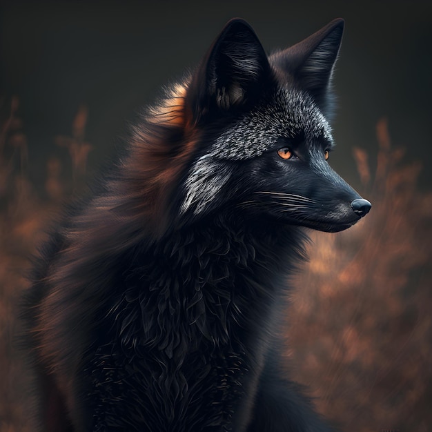 A black fox with orange eyes sits in a field.