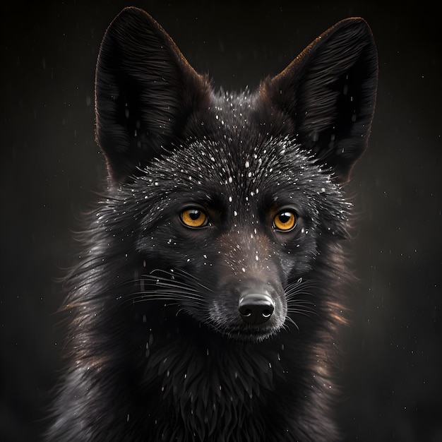 A black fox with snow on its eyes is looking at the camera.