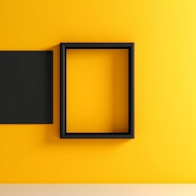 A black frame hangs on a yellow wall with the word " art " on it.