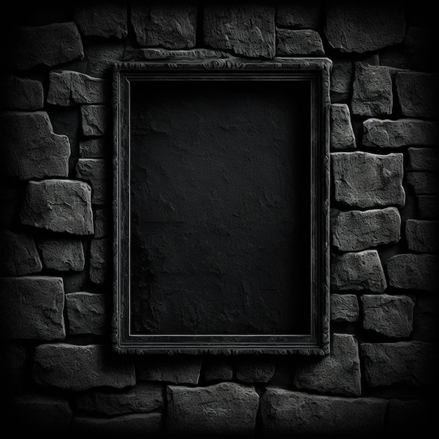 A black frame is on a wall with a black background.