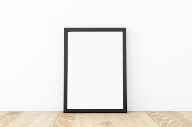 Black frame mockup on white background and wood floor