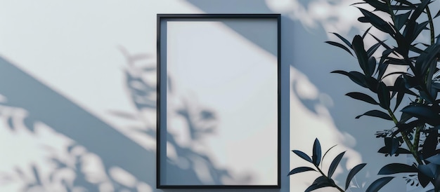 Black frame mockup with minimalistic design placed on a white background alongside a shadow