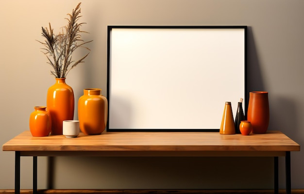 a black frame and pencils sitting in a white coffee table