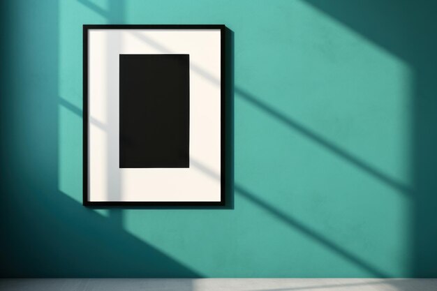 A black frame on a wall with a shadow in the style of minimalistic modern 8k 3d white minimalist imagery lightfilled poster teal ar 32 Job ID eae52262a24d4b76b254537b99e206ef