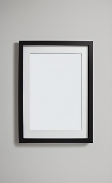 A black frame on a wall with a white background.