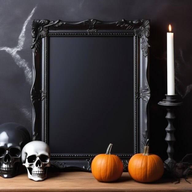 a black frame with a candle on it and pumpkins on the table.