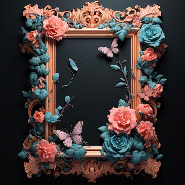a black frame with pink flowers and butterflies in the style of baroque sculptor