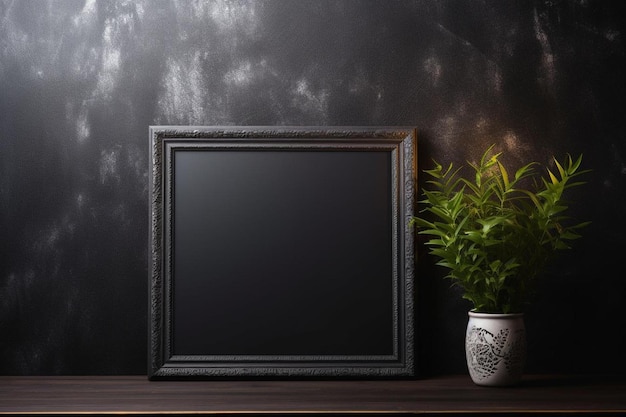 a black frame with a plant on it and a pot with a plant on it.