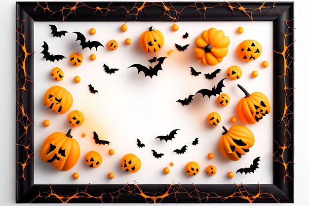 A black frame with pumpkins and bats on it