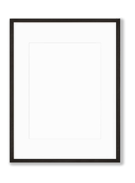 A black frame with a white border on it against a white wall.