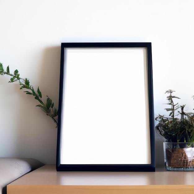 A black framed picture sits on a table next to a vase with a plant in it.