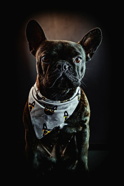 Black french bulldog portrait on black phone