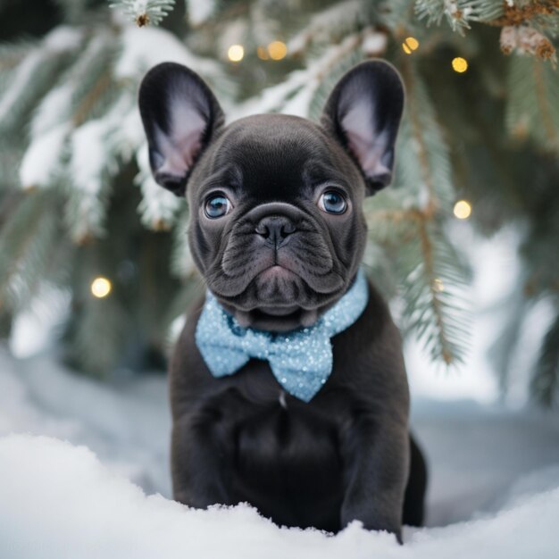 Black French Bulldog in winter